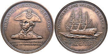 Великобритания медаль ND Горацио Нельсон (1758-1805), Фудройант затонул в Блэкпуле 16 июня 1897 года, медаль изготовлена из медных частей судна после его подъема медь 11-107-22