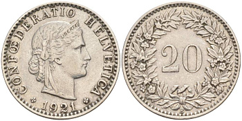 Швейцария 20 раппенов 1921 В KM 29 никель 55-632