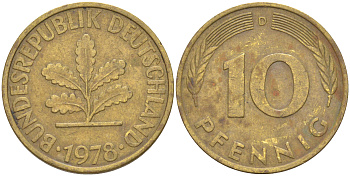 ФРГ 10 пфеннигов 1978 D KM 108, J. 383 сталь плакированная латунью 60-317
