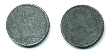 БЕЛЬГИЯ 1 ФРАНК 1943 BELGIQUE KM 127 цинк 57-423