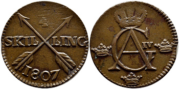 Швеция 1/4 скиллинга 1807 Густав IV Адольф (1792-1809) KM 564 медь 1528-831