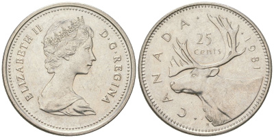 Канада 25 центов 1981 Елизавета II (1952-2022), олень KM 74 никель aUNC 4616-755