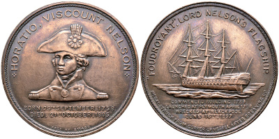 Великобритания медаль ND Горацио Нельсон (1758-1805), Фудройант затонул в Блэкпуле 16 июня 1897 года, медаль изготовлена из медных частей судна после его подъема медь 11-107-22