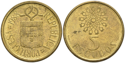 Португалия 5 эскудо 1988 KM 632 никель латунь 4571-942