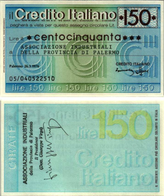 Италия чек на 150 лир 1976 26 марта 1976, credito Italiano бумага UNC (пресс) 7218-1-3-2