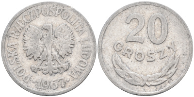 Польша 20 грошей 1967 MW KM А47 алюминий    4174-636