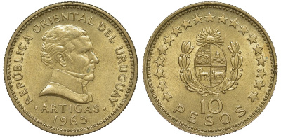 Уругвай 10 песо 1965 KM 48 алюминиевая бронза 4572-711