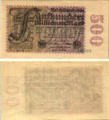 ГЕРМАНИЯ 500000000 МАРОК 1923 1 СЕНТЯБРЯ 1923, ВОДЯНОЙ ЗНАК G/D Pick 110d бумага аUNC 8589-19-1-2