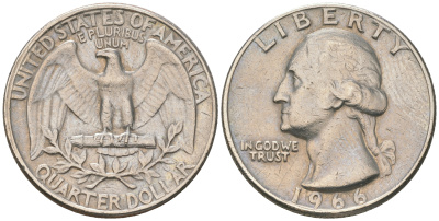 США 25 центов (квотер) 1966 Вашингтон KM 164a медь плакированная медно-никелем 4175-351