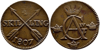 Швеция 1/4 скиллинга 1807 Густав IV Адольф (1792-1809) KM 564 медь 1528-831
