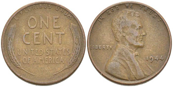 США 1 цент 1944 Линкольн KM А132 медь цинк 218-165