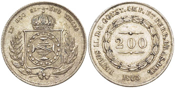 Бразилия 200 рейс 1865 Педро II (1831-1889) KM 469 серебро    4528-144