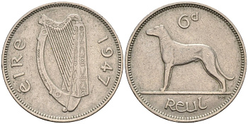 Ирландия 6 пенсов 1947 собака KM 13а медно-никель 190-1025