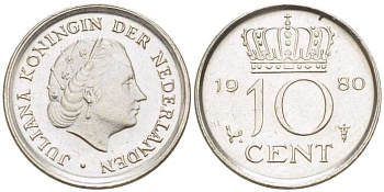 Нидерланды 10 центов 1980 Юлиана (1949-1980) KM 182 никель 211-1256