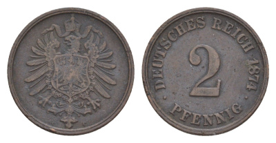 Германия 2 пфеннига 1874 F, Вильгельм I (1871-1888) KM 2, J. 2, Weege 3 медь 4639-1157