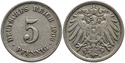 ГЕРМАНИЯ 5 ПФЕННИГОВ 1909 E KM 11, Jager 12, Weege 6 медно-никель 4547-512