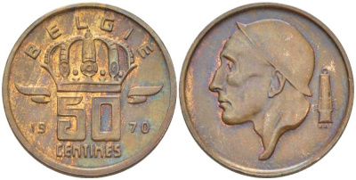 Бельгия 50 сантимов 1970 Belgie, Бодуэн I (1951-1993) KM 149.1 бронза 206-149