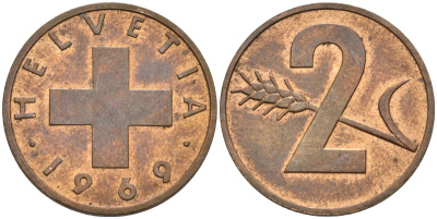 Швейцария 2 раппена 1969 KM 47 бронза 4592-542