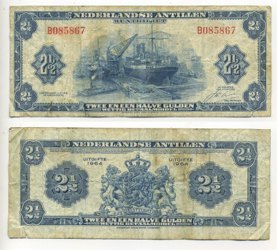 Нидерландские Антилы 2 1/2 ГУЛЬДЕНА 1964 КОРАБЛЬ, ПАРОВОЗ Pick A1b бумага 6294-57-3