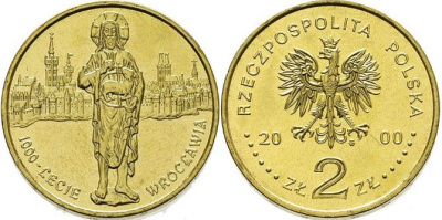 Польша 2 злотых 2000 MW, 1000 лет Вроцлаву KM 389 нордик  UNC  4521-826