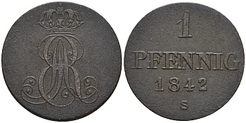 Ганновер 1 пфенниг 1842 S, Эрнст Август (1837-1851) KM 173.3, AKS 128, J. 54 медь 4608-352