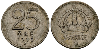 Швеция 25 эре 1943 Густав V (1907-1950) KM 816 серебро 4164-1023