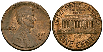 США 1 цент 1987 D, Линкольн KM 201b цинк плакированный медью 4136-332