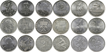 Норвегия лот из 9 юбилейных монет по 5 крон 1973-1997 KM 421, 422, 423, 428, 430, 456, 458, 459, 461 медно-никель UNC M46-21