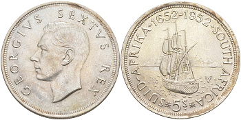 ЮАР 5 шиллингов 1952 Георг VI (1937-1952), 300 лет основания Кейптауна, парусник KM 41 серебро aUNC 1074-4-11