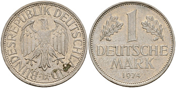 ФРГ 1 марка 1974 D KM 110, J. 385 медно-никель 4159-1131