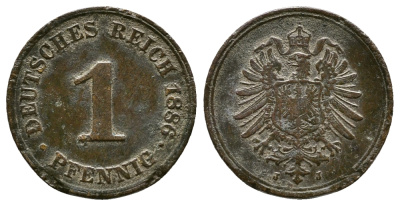 ГЕРМАНИЯ 1 ПФЕННИГ 1886 J, СТАРОГЕРБОВКА KM 1, J. 1 медь 4380-111