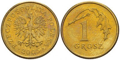 Польша 1 грош 2005 MW KM 276, Parchimowicz 701n латунь UNC 4516-1049