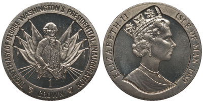 ОСТРОВ МЭН 1 КРОНА 1989 200 ЛЕТ ИНАУГУРАЦИИ ПРЕЗИДЕНТА ВАШИНГТОНА, ПРИНЕСЕНИЕ ПРИСЯГИ, ФЛАГИ KM 249 медно-никель UNC 1078-4-41