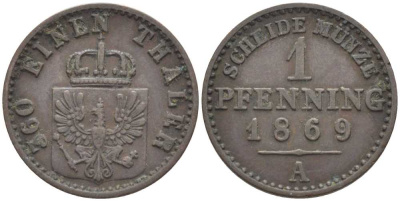 ПРУССИЯ 1 ПФЕННИГ 1869 А, ВИЛЬГЕЛЬМ I (1861-1888) KM 480 медь 201-556
