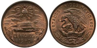 МЕКСИКА 20 СЕНТАВО 1970 ПИРАМИДА СОЛНЦА В ТЕОТИУАКАНЕ KM 440 бронза XF-UNC 4403-942