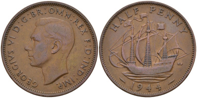 Великобритания 1/2 пенни 1944 Георг VI (1936-1952) KM 844, Spink 4115 бронза 4153-827