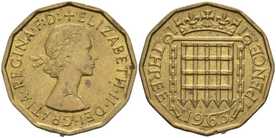 Великобритания 3 пенса 1963 Елизавета II (1952-2022) KM 900, Spink 4153 никель латунь 4126-723
