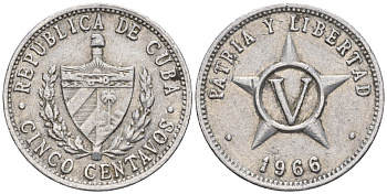 Куба 5 сентаво 1966 KM 34, JMA 42, Y 28, Schoen 32 алюминий 4114-115