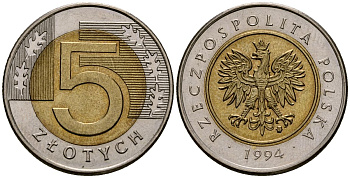 Польша 5 злотых 1994 MW KM 2844 биметалл 4177-816