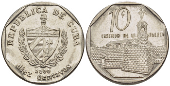 Куба 10 сентаво 2000 форт в Гаване Ла-Фуэрса KM 576.2 сталь плакированная никелем 66-667