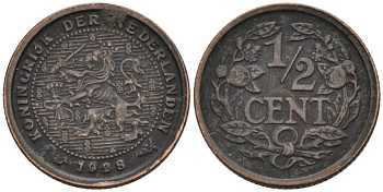 Нидерланды 1/2 цента 1928 Вильгельмина (1890-1948) KM 138 бронза 4576-447