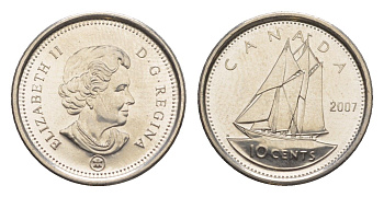 Канада 10 центов 2007 Leaf, Елизавета II (1952-2022), парусник KM 492 сталь плакированная никелем UNC 4636-646