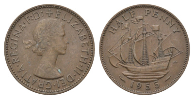 Великобритания 1/2 пенни 1955 Елизавета II (1952-2022) KM 896, Spink 4158 бронза 4662-1135