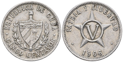 Куба 5 сентаво 1966 KM 34, JMA 42, Y 28, Schoen 32 алюминий 4114-115