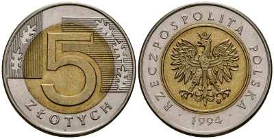 Польша 5 злотых 1994 MW KM 2844 биметалл 4177-816