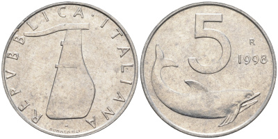 Италия 5 лир 1998 R, дельфин KM 92 алюминий  UNC  4594-818