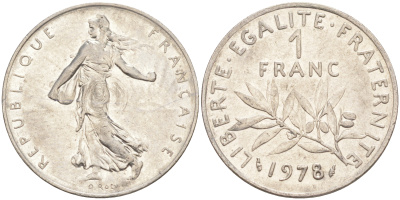 Франция 1 франк 1978 сеятель KM 925.1, Le Franc 226.23 никель 4513-815