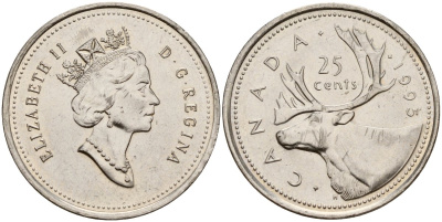 Канада 25 центов 1995 Елизавета II (1953-), олень, третий портрет в короне KM 184 никель 4163-215