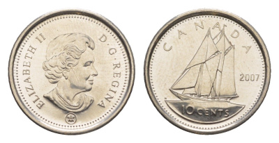 Канада 10 центов 2007 Leaf, Елизавета II (1952-2022), парусник KM 492 сталь плакированная никелем UNC 4636-646