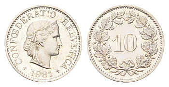 Швейцария 10 раппенов 1981 KM 27 медно-никель 4708-226